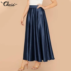 Celmia 2023 Fashion Satin Skirts Women's Elegant High Waist Party Maxi Skirt Female Casual Solid Color A-line Jupes Oversized