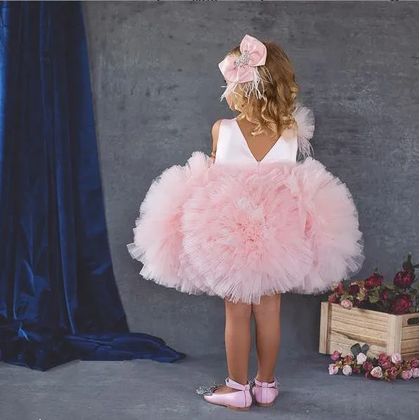 Lovely Pink Puffy Tulle Ruffles Girl Dresses for Birthday Party Toddler 1st Birthday Gown with Headpiece