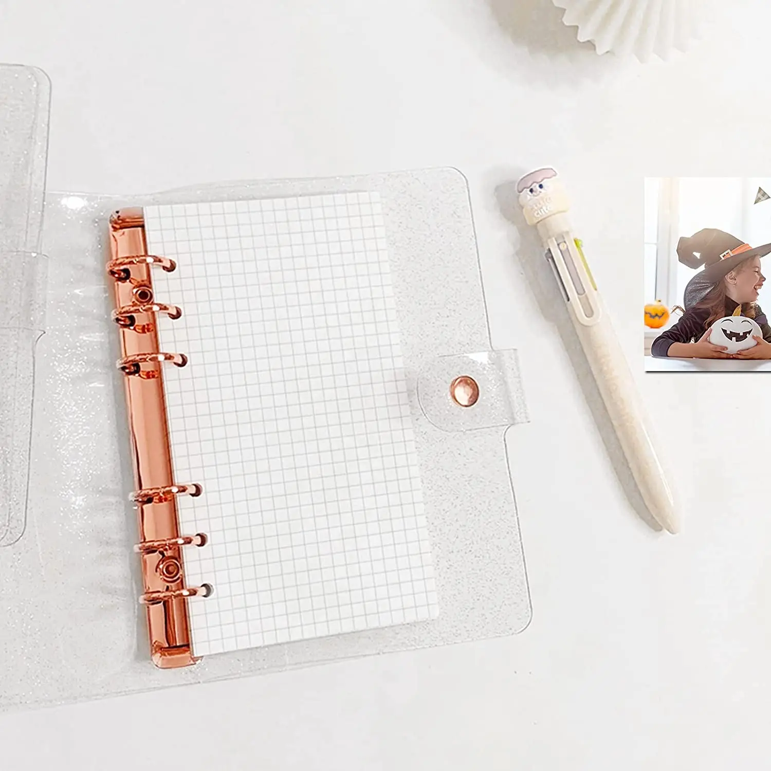 2 Pack A6 PVC 6-Ring Binder Cover with Ruler, Rose Gold Notebook Planner,for A6 Refillable Notebook, Meeting, Office Supplies