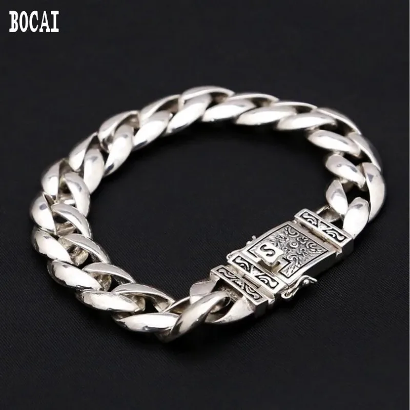 

BOCAI 100% Real s925 Sterling Silver Retro Simple Stylish Plug Totem Men's Bracelet 12MM Wide Fashion Jewelry Free Shipping