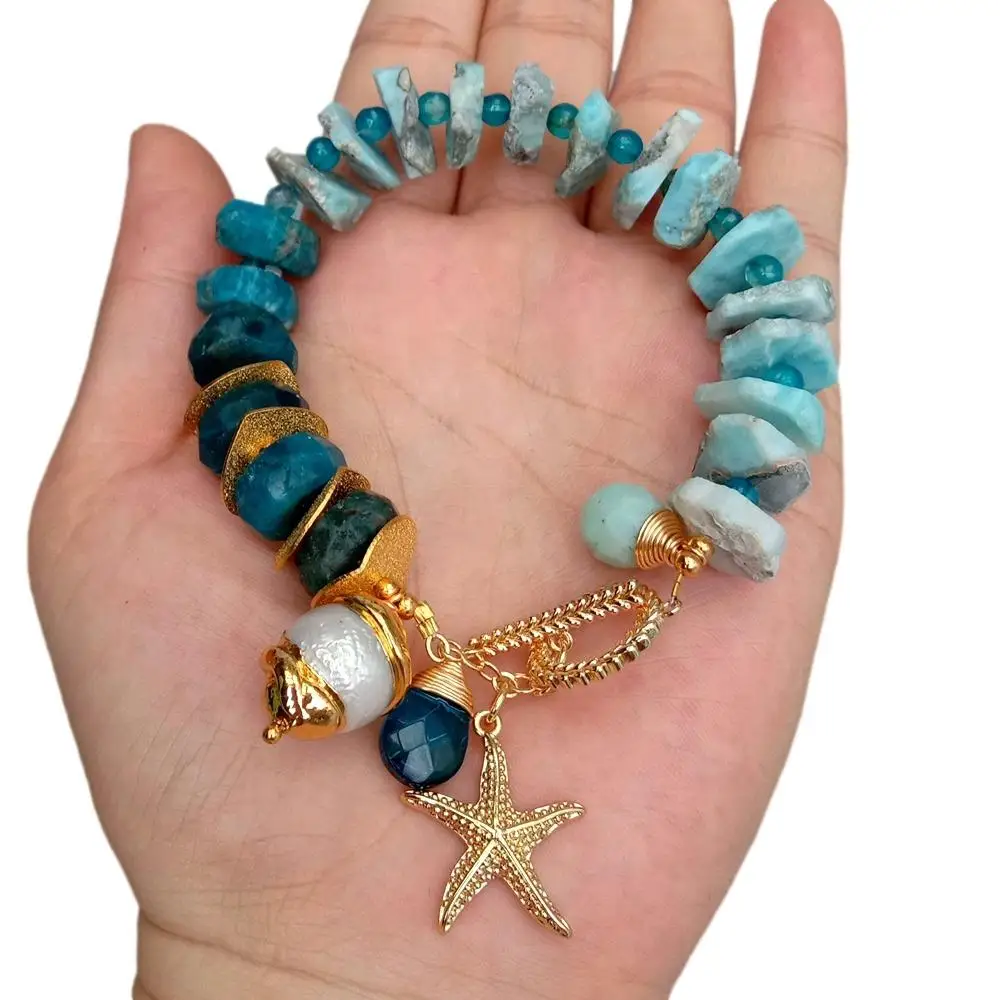 KKGEM كيشي لؤلؤة مطلية بالذهب حلية Seastar 9 "الطبيعية الأزرق لاريمار شريحة الخام سوار الأباتيت Rondelle تبديل المشبك