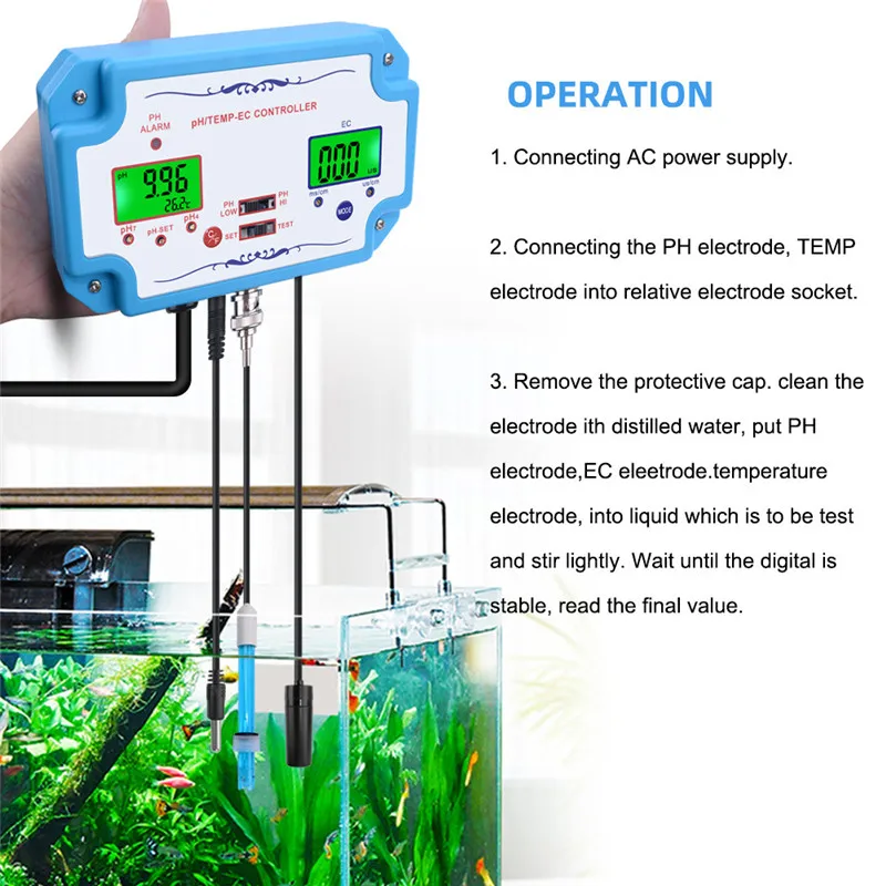 

Hot Sale 3 in 1 pH/EC/TEMP Water Quality Detector pH Controller Relay Plug Repleaceable Electrode BNC Type Water Analyzer