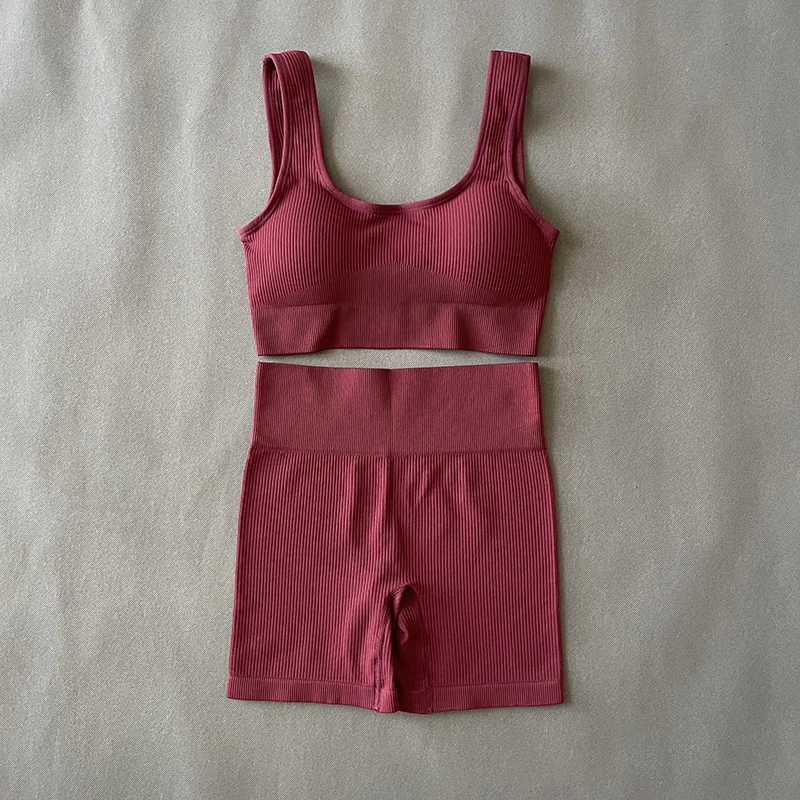 Vêtements de Sport pour femmes, ensemble de Yoga sans couture, Sexy, col carré, soutien-gorge de Sport, hauts avec Shorts, vêtements de Fitness,