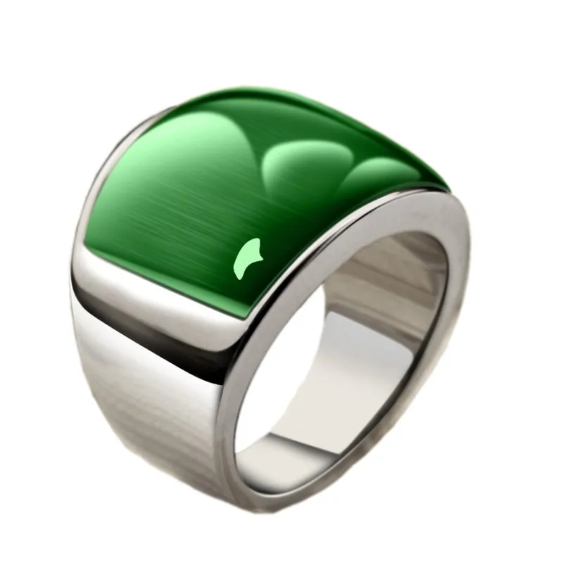 BOCAI 316l Titanium Steel Men\'s Rings Domineering Fashion Personaltiy Temperament Green Cat\'s Eye Gemstone Finger Ring