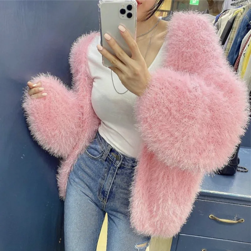 Luxury V-Neck Mink Cashmere Knit Cardigan Mohair Crocheted Sweater Coat Faux Fur Furry Jacket Velvet Lantern Sleeve Tops Sueter