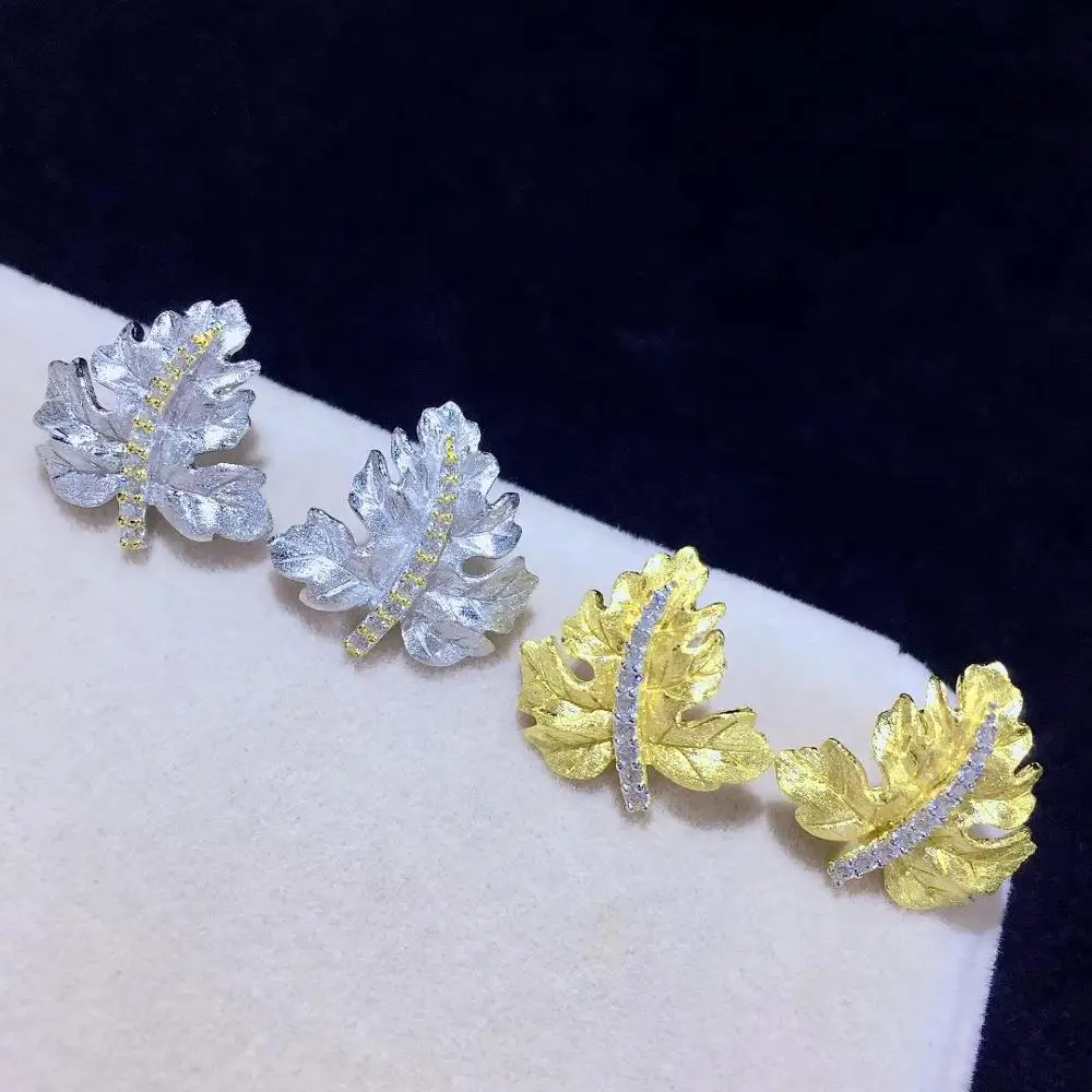 leaf stud earring yellow silver color 925 sterling silver with cubic zircon Maple daily fine women jewelry plant