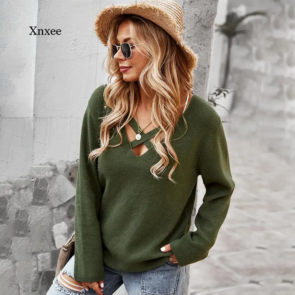 

V-Neck Knitted Pullovers Women's Long Sleeve Top Sweater Autumn Winter Casual New Fashion Slim Jumper Sweater Woman Outwear