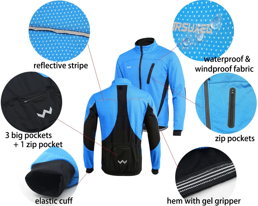 ARSUXEO-Jaqueta de Ciclismo Térmica Masculina, Inverno Warm Up Fleece, Roupa de bicicleta, Windbreak impermeável, Impermeável Moto, 16H