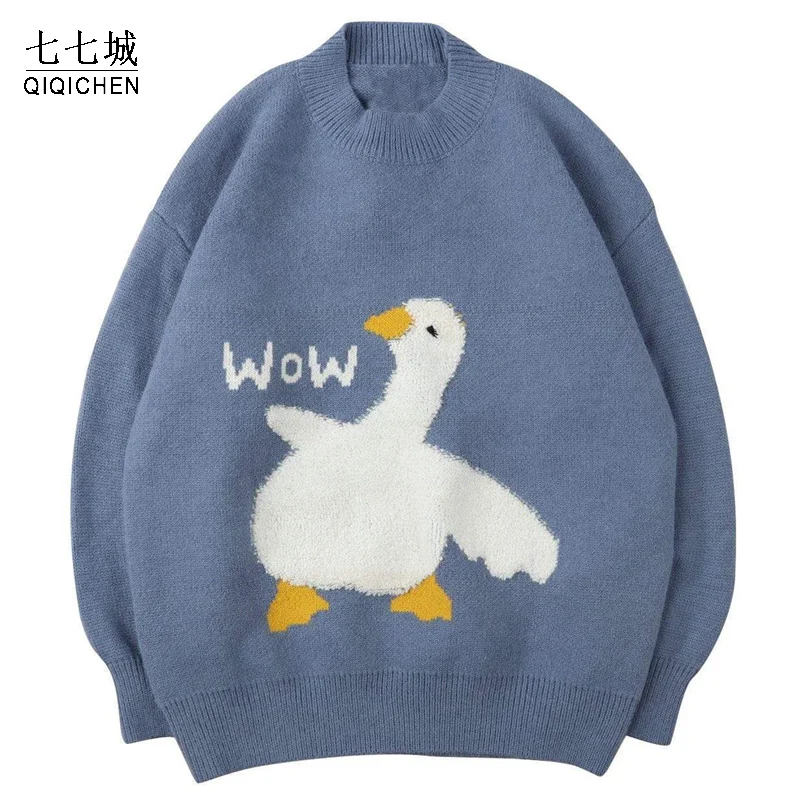 

Hip Hop Sweater Men Cartoon Goose Oversize Soft Knitted Sweaters Harajuku College Japanese Knit Pullover Coulple Streetwear 2021