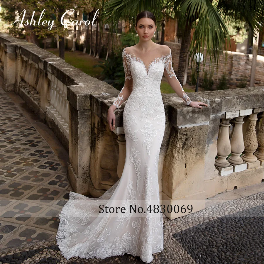 Ashley Carol Sexy Mermaid Trouwjurk 2023 Afneembare 2 In 1 Lange Mouw Romantische Kant Applicaties Wedding Gown Vestido Novia