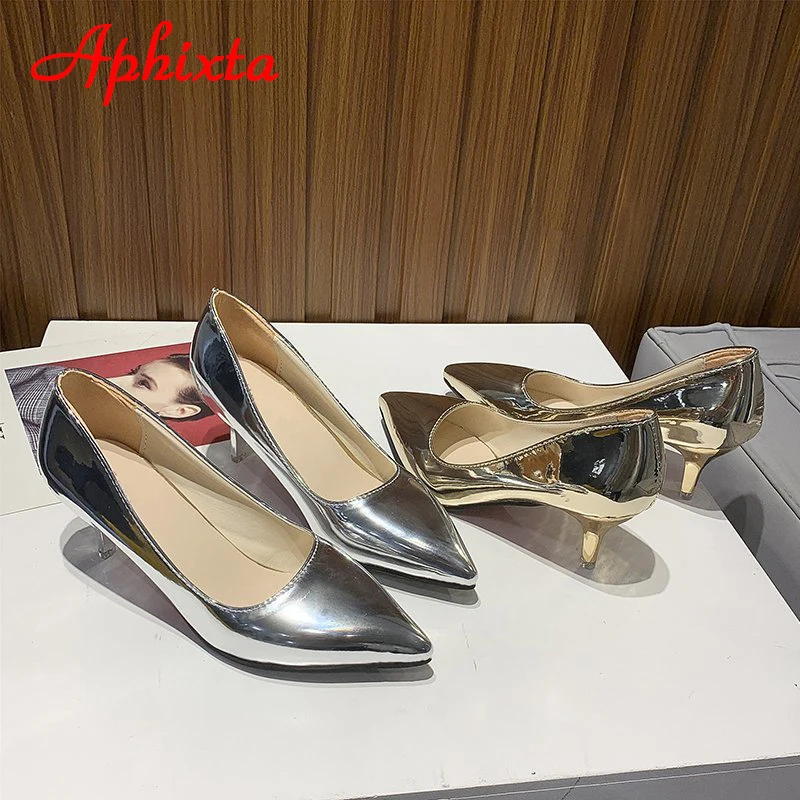 Aphixta 5.5cm Heels Women Pumps Shoes Fashion Pointed Toe Bling Gold Leather Sexy Party Official Shoes Woman Big Size 49 50