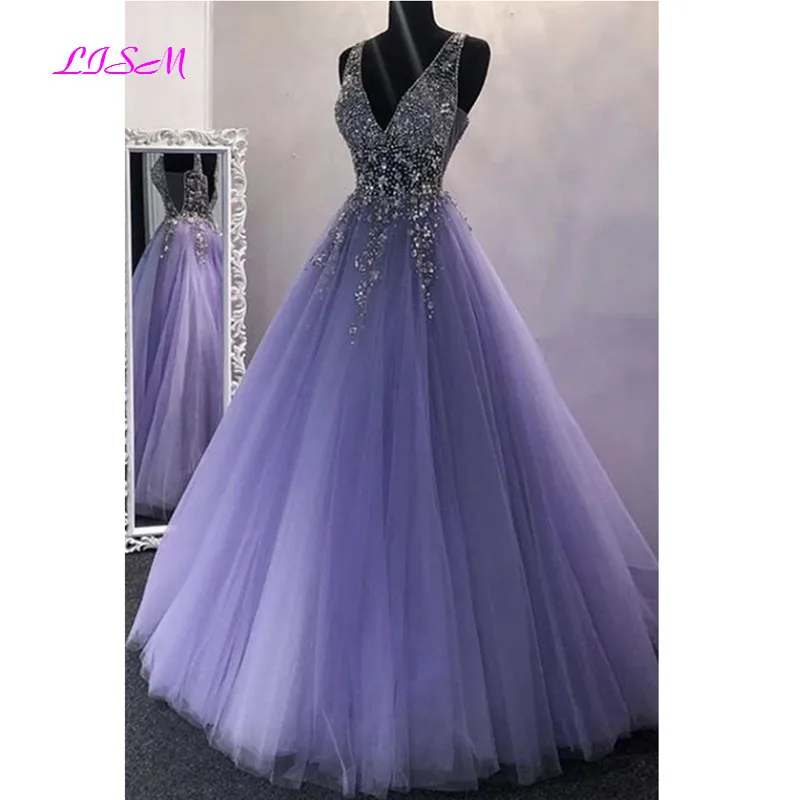 Mooie Paarse Tulle V-hals Kralen Pailletten Lange Prom Dress V-Backless Floor Lengte Avondjurken Elegante Formele Gowns