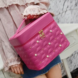 Travel Handbag Portable Checkered Makeup Vanity Case Large Capacity Organizer Beauty Box With Mirror Women's Pink Cosmetic Bag