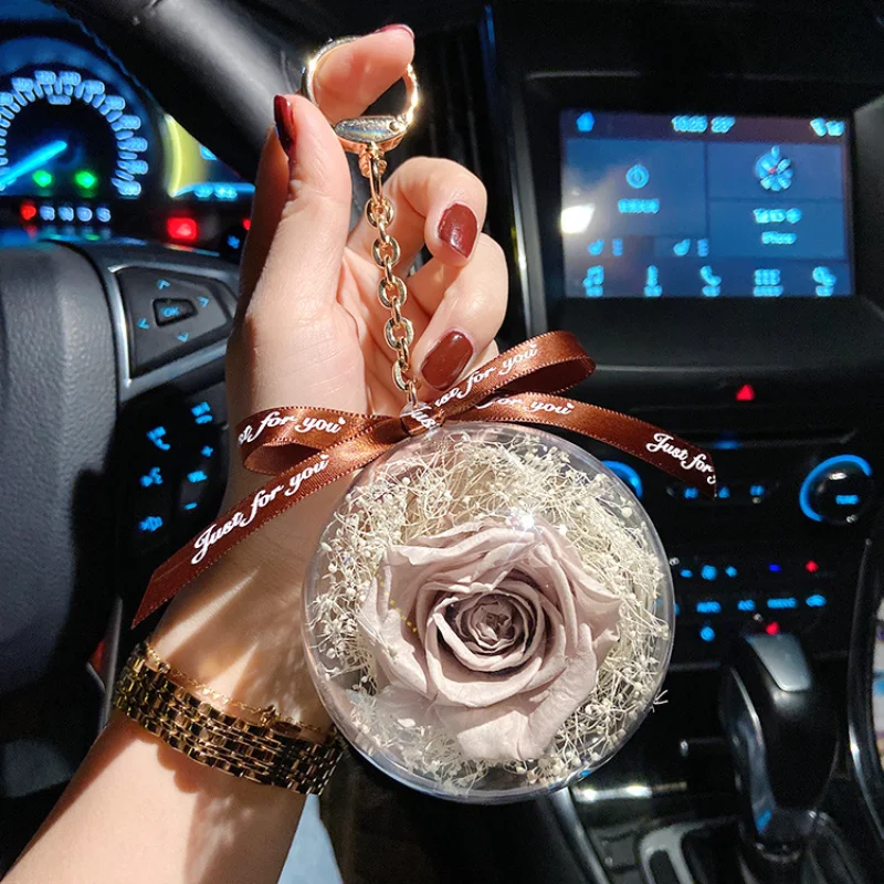 Rose Keychain Pendant Transparent Plastic Eternal Flower Key Chain Women Car Handbag Keyring Valentines Day Birthday Gift