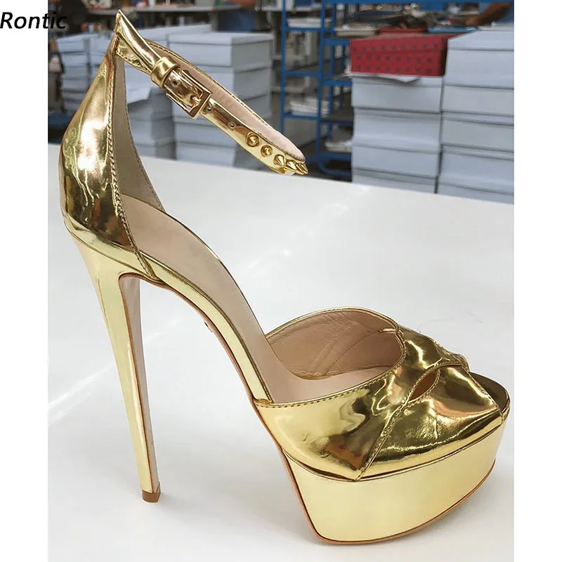 Rontic Hot Handmade Women Platform Sandals Patent Leather Stiletto Heels Open Toe Gorgeous Gold Silver Party Shoes US Size 5-20