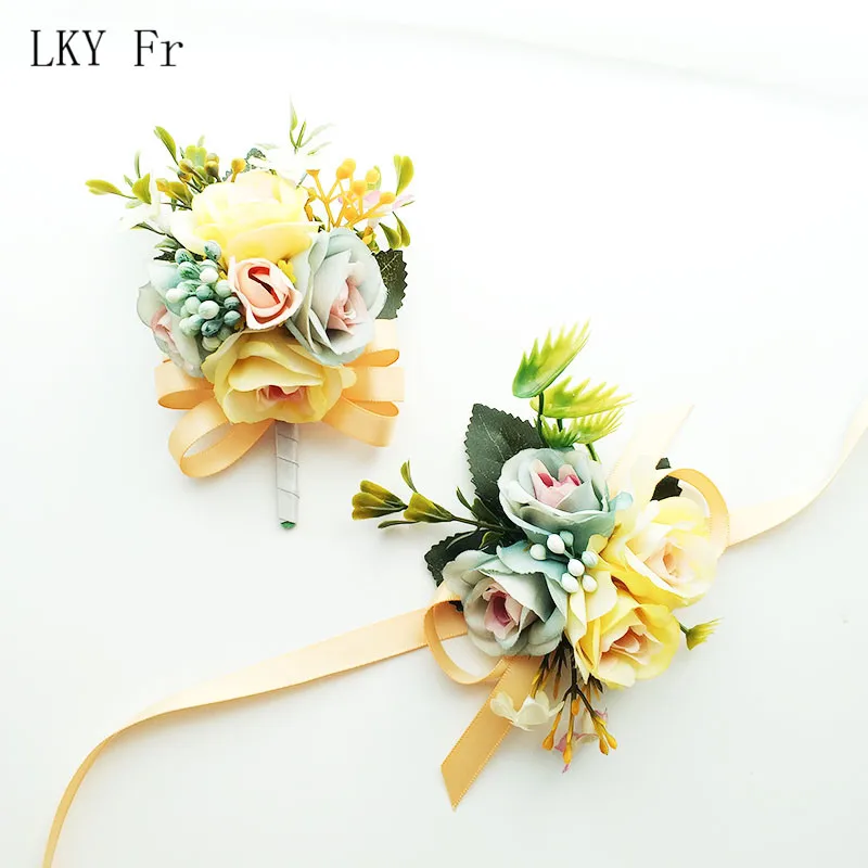 Lky Fr Wedding Boutonniere Bruidegom Broche Bloemen Kunstmatige Rozen Armband Voor Bruid Corsage Pinnen Huwelijk Bruiloft Mannen Knoopsgat