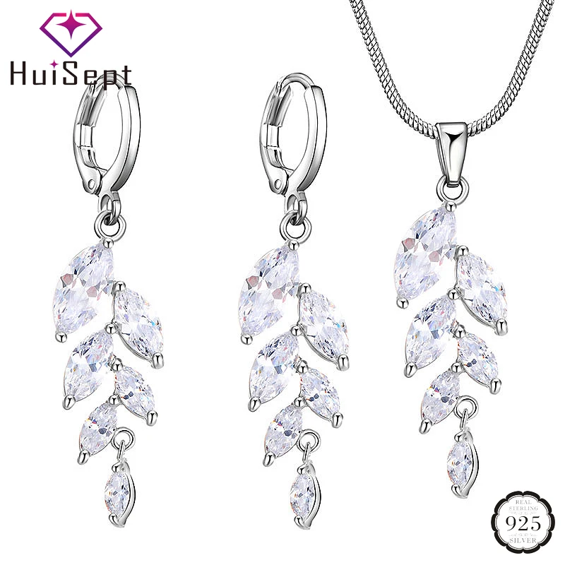 

HuiSept Trendy 925 Silver Jewelry Set for Women Wedding Promise Ornament Inlaid Zircon Gemstone Drop Earrings Necklace Wholesale