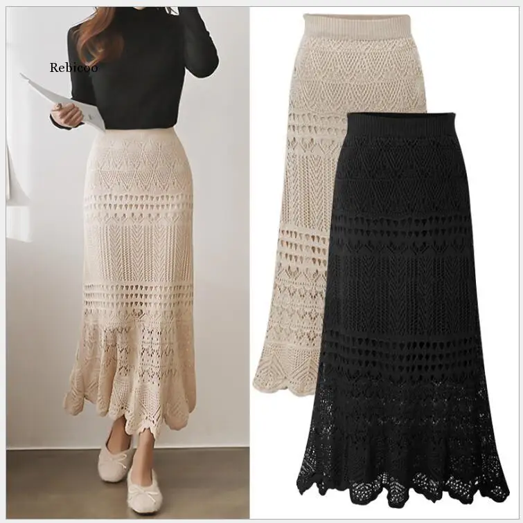 

Autumn Winter Women Long Knitting Hollow Out Skirts Lady Elegant Version Saias Faldas Mujer S- 5XL 6XL