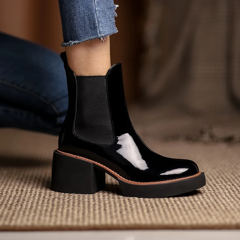 Fashion Cow Leather Women\'s Ankle Boots Casual Square Heels Office Lady Chelsea Boots Thick Bottom Non-slip Slip-On Woman Shoes