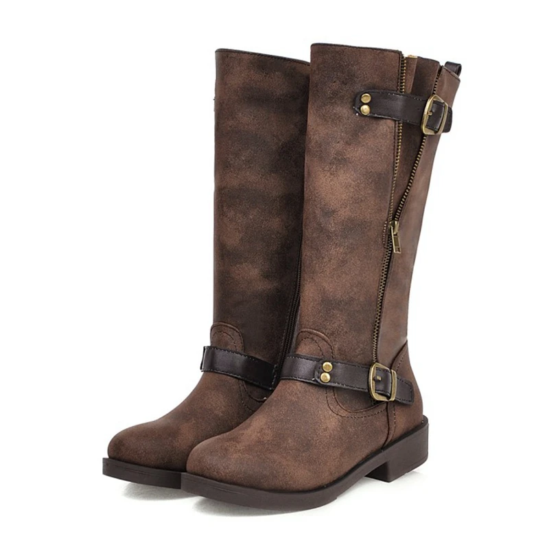 

Women's Mid-Calf Boots Round Toe Thick Heels Inner Zip Spring Autumn Winter Fashion Ladies Black Brown Platform Long Boot D-52