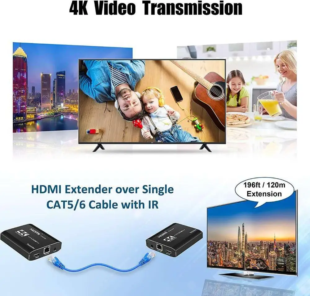 Une paire de prolongateurs HDMI 4K, transmetteur récepteur sur Ports RJ45 Cat5e/Cat6, boucle d'extension HDMI 120m IR pour PS4 HDTV