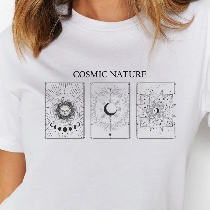 Cosmic Nature Vintage Female T-Shirt Women Boho Style Casual Loose Graphic Tees Tops Sun Moon Aesthetic Clothes Streetwear