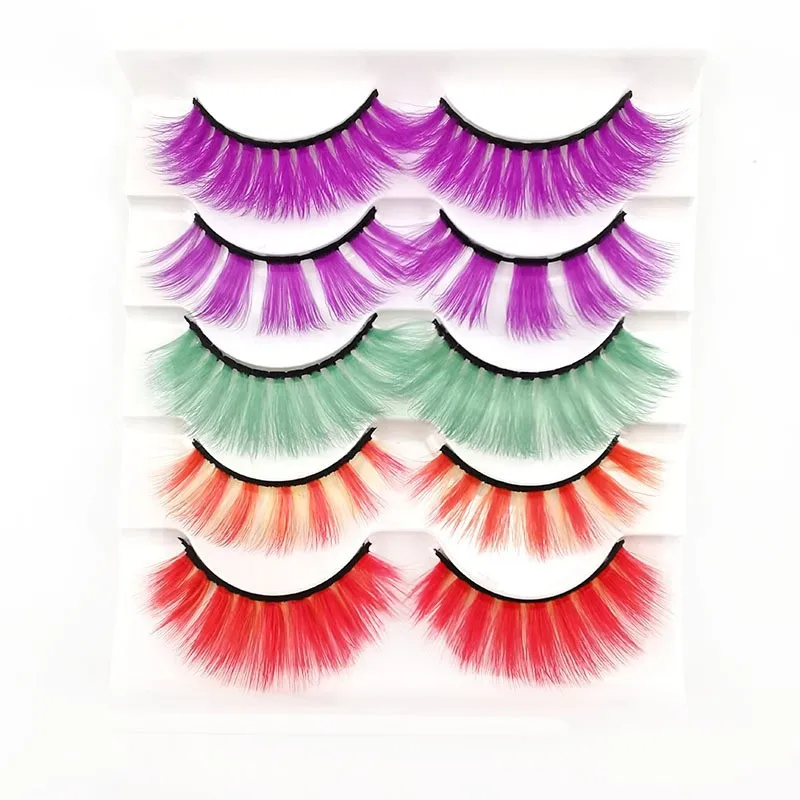 5 Pairs 3D Faux Mink False Eyelashes Green Purple Red Yellow Fluffy Volume Fake Eyelash Makeup Cosplay Dramatic Rainbow Lashes