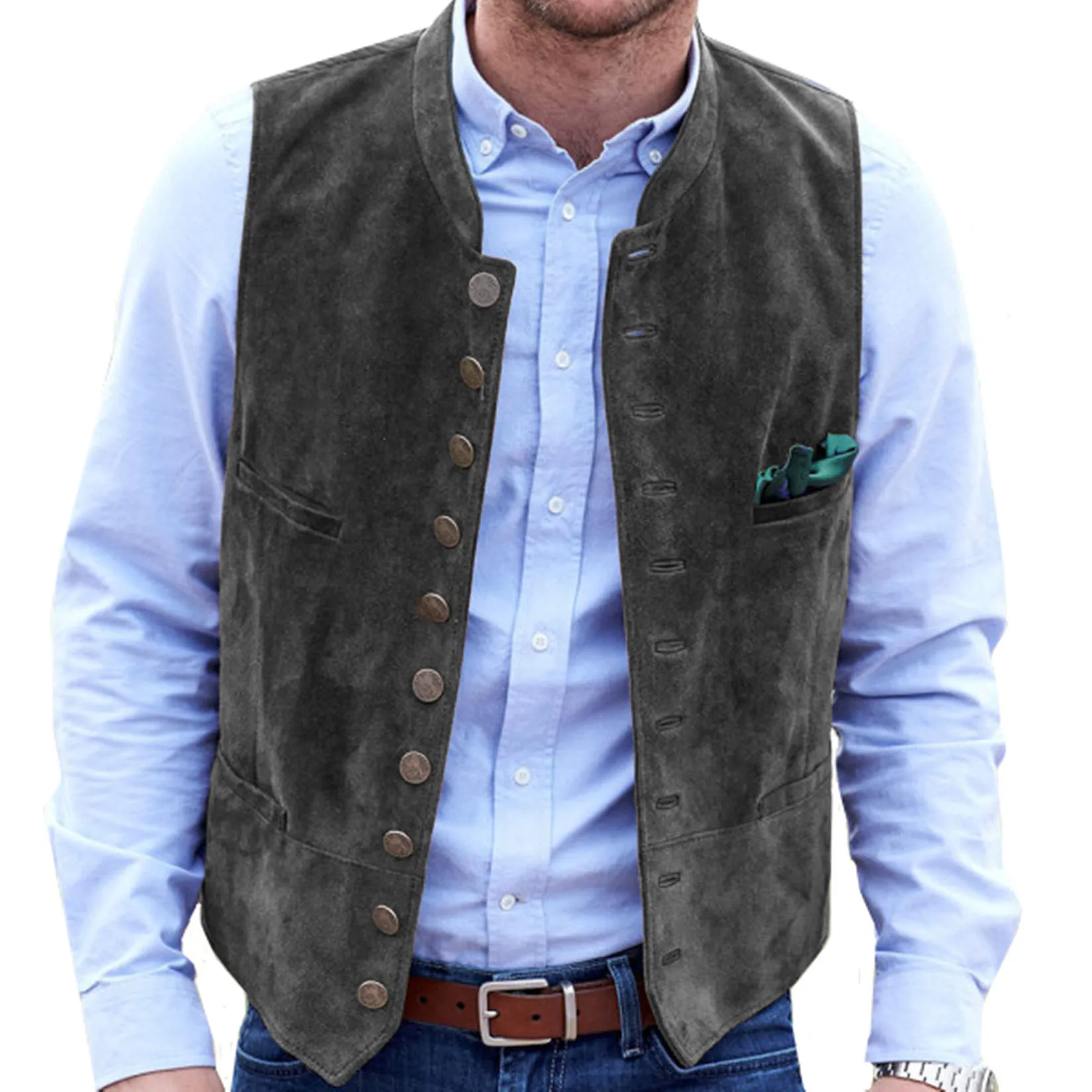 Men\'s Vest Suede Suit Vest Casual Steampunk Style Waistcoat Round Neck Single Breasted Sleeveless