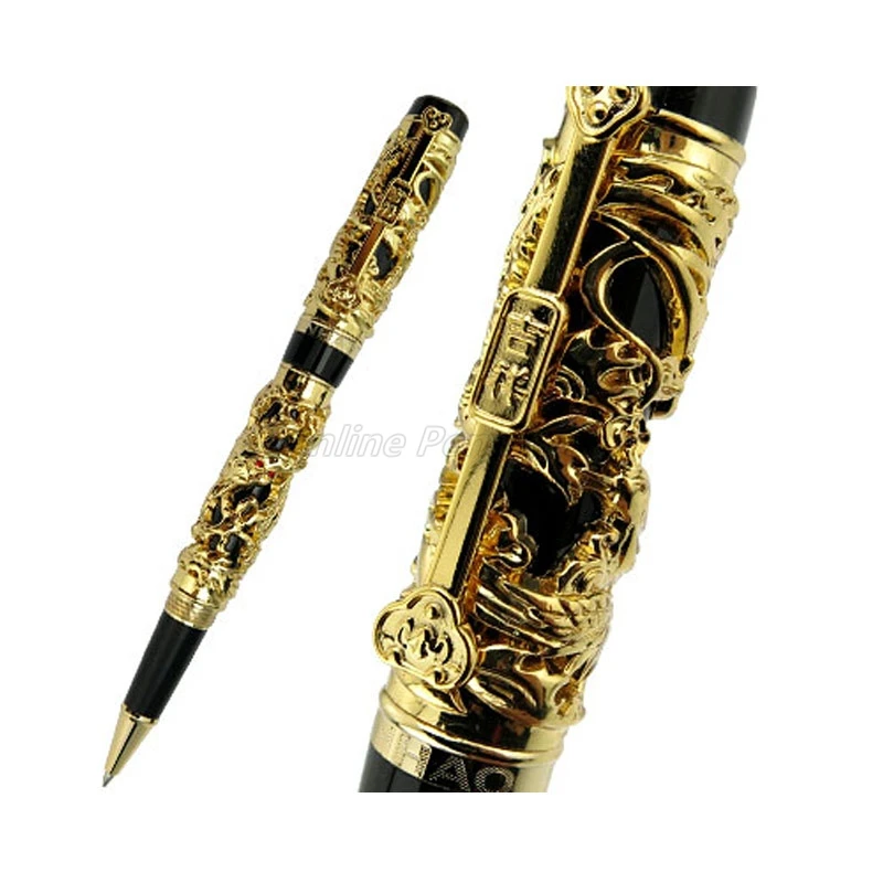 Jinhao Vintage Carving Embossing Black & Gold Dragon And Phoenix Heavy Roller Ball Pen Gold Trim Professional Office Stationery