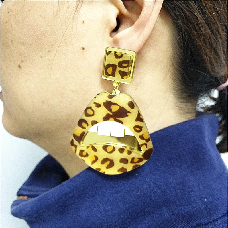 KUGUYS Sexy Leopard Print Lips Dangle Drop Earring for Women Party Night Club Hiphop Rock Jewelry Art Festival Accessories