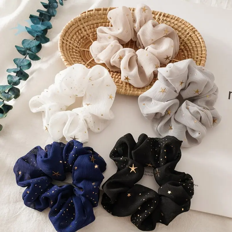 Wholesale Gold Star Printed Elastic Chiffon Cute Hair Scrunchies For Girls Scrunchies Pack