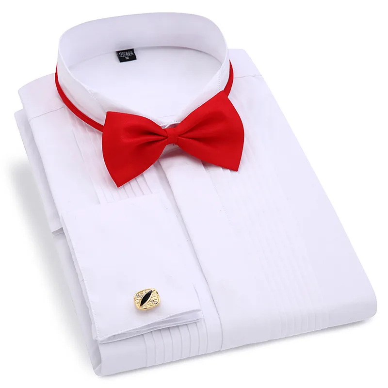 

Men Wedding Tuxedo Long Sleeve Dress Shirts French Cufflinks Swallowtail Fold Dark Button Design Gentleman Shirt White Red Black