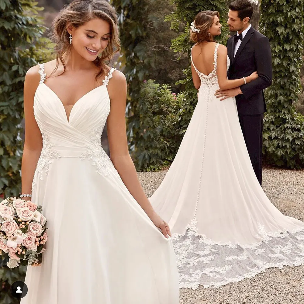 Abiti da sposa eleganti con pieghe a cuore in pizzo Spaghetti al pavimento A-Line abito da sposa abiti da sposa senza schienale Robe De Mariee