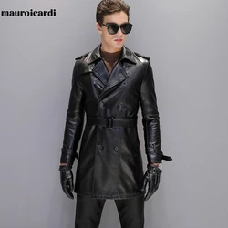 Mauroicardi Autumn Black Faux Leather Trench Coat Men Long Sleeve Belt Double Breasted Brown Plus Size Men Clothing 2022 4xl 5xl