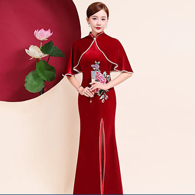 

Novelty New Velour Long Fork Cheongsam Women Wedding Evening Party Dress Short Sleeve Vintage Classic Button skinny Qipao