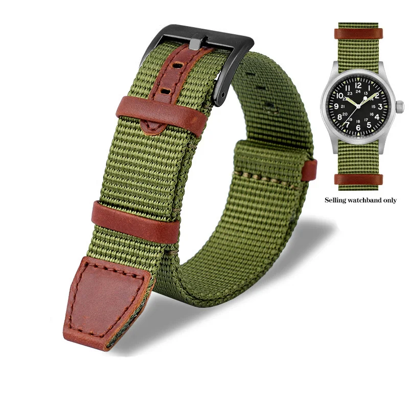20mm 22mm Woven Nylon +Genuine Leather Strap for Hamilton Khaki
