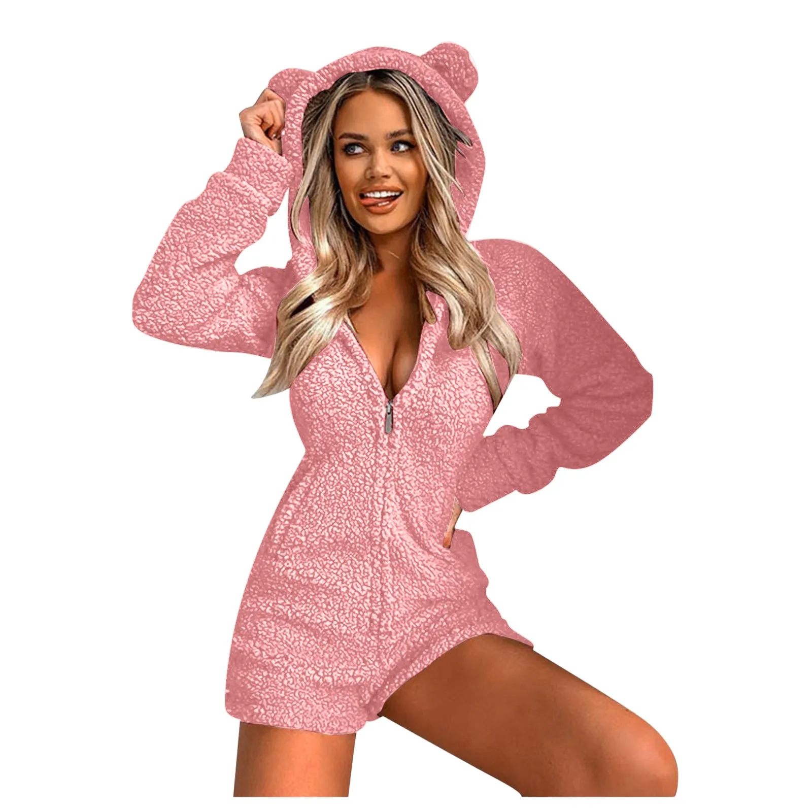 Women Jumpsuits Fleece Pajama Bear Ear Hooded Bodysuit Shorts Winter Warm Tracksuit Streetwear One-piece Sleepwear Plus Size