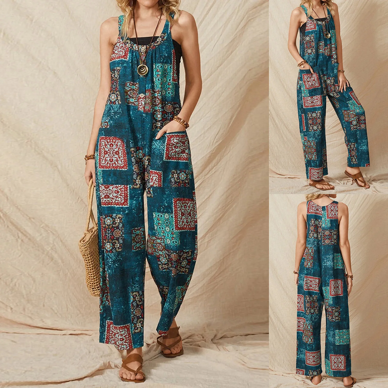 

Retro printing Sleeveless Jumpsuit Cotton Linen Pocket Loose Wide Legs Jumpsuits Women Summer 2021