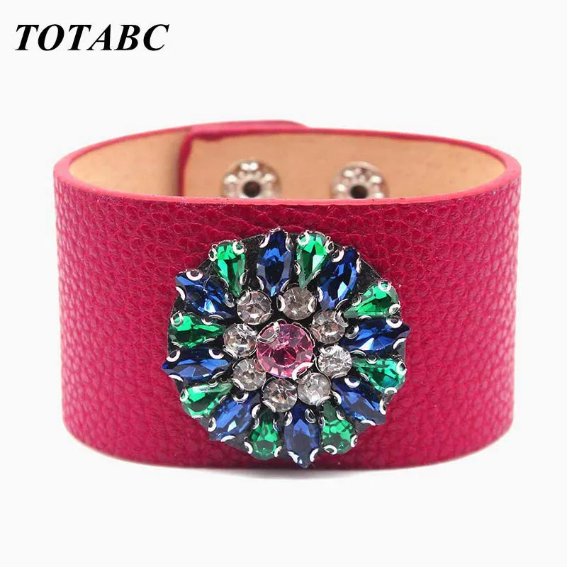 TOTABC Rhinestone Leather Bracelet Jewelry Hand Chain Simple All-Match Wide Wrap Bracelet Femme New Hand Jewelry