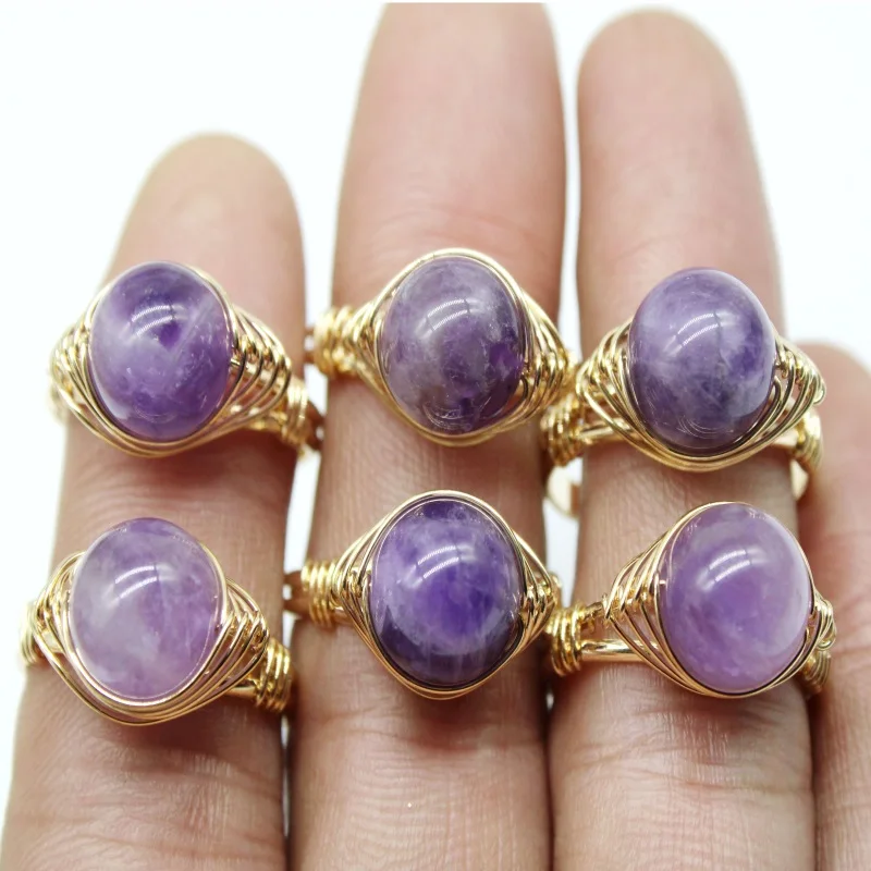 Wholesale 1pcs Hand Craft Wire Wrapped Stone Circle Finger Rings Reiki Healing Natural Amethysts Rings Party Wedding Jewelry