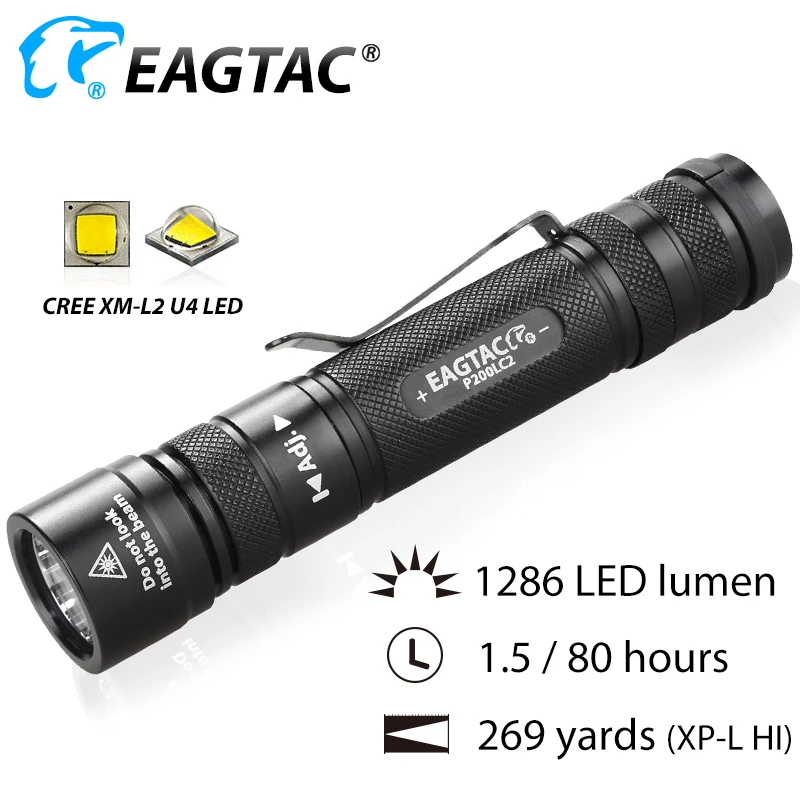 EAGTAC P200LC2 XML2 1286lm LED Flashlight 18650 CR23A Battery Nichia 219C 4000K 365NM UV LED XPL HI Long Through Hunting Torch