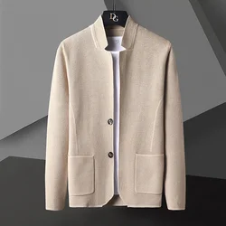 2022 Cardigan Jacket Men Solid Color Knitted Casual Stand Collar Slim Fit Cardigan Coat Mens Sweater Jacket Khaki Black Gray 4Xl