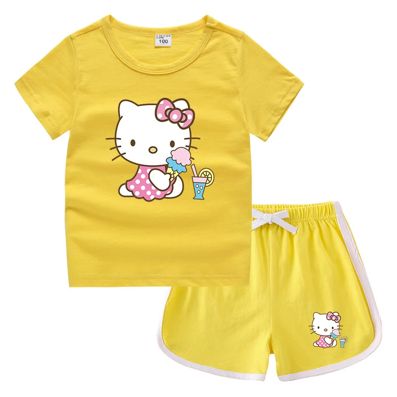 

Hello Kitty Children Casual Simple Round Neck T-shirt + Hot Pants Boys and Girls Pure Cotton Sweat-Absorbent Bottoming Shirt Set