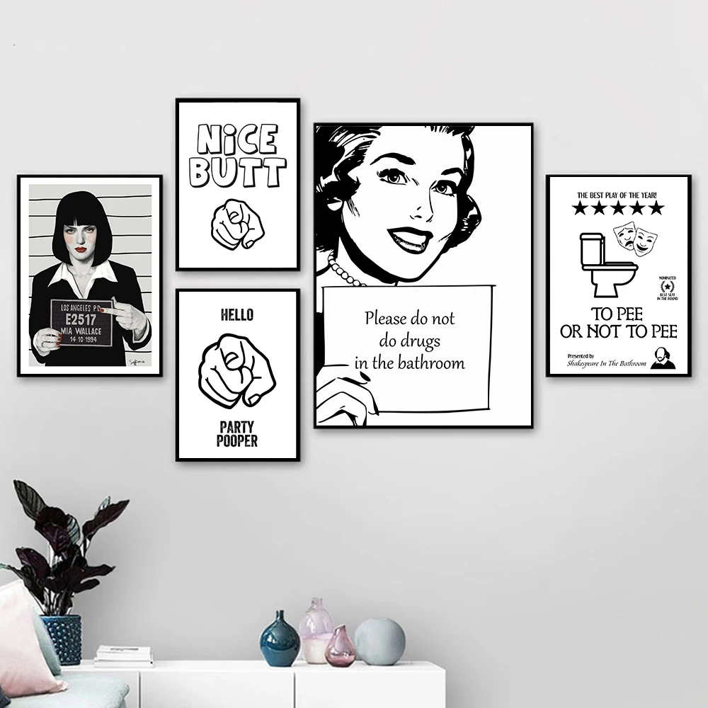 Funny Bathroom Nice Butt Quote Canvas Painting Abstract Black White Woman Wall Art Poster Prints Picture Toilet Cat Home Decor