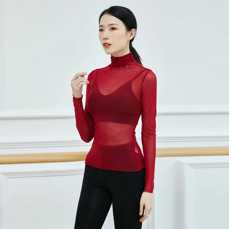 Adult Mesh Turtleneck Belly Dance Top Transparent Blouse Shirt Costume for Women Oriental Dance Clothes Dancer Wear Clothing