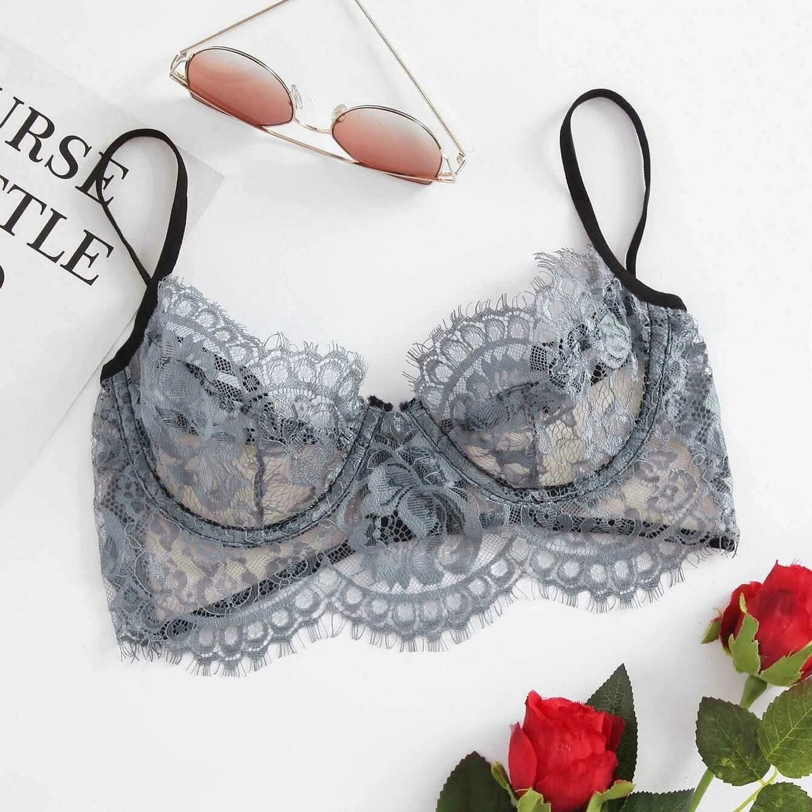 Sexy Lingerie Women Lace Embroidery Translucent Bra Underwear Steel Bracket Bras Bralette Lingerie Intimates Underwire Underwear