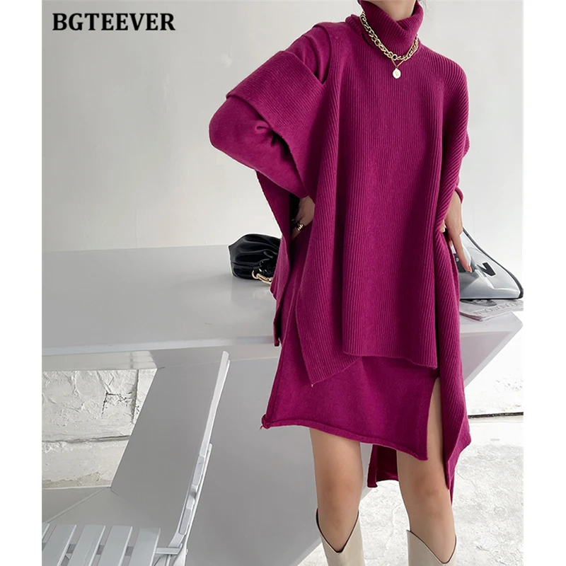 BGTEEVER Winter Chic kobiety 2 kawałki dzianiny zestaw golfem nieregularne swetry i długi rękaw luźny sweter sukienka vestidos