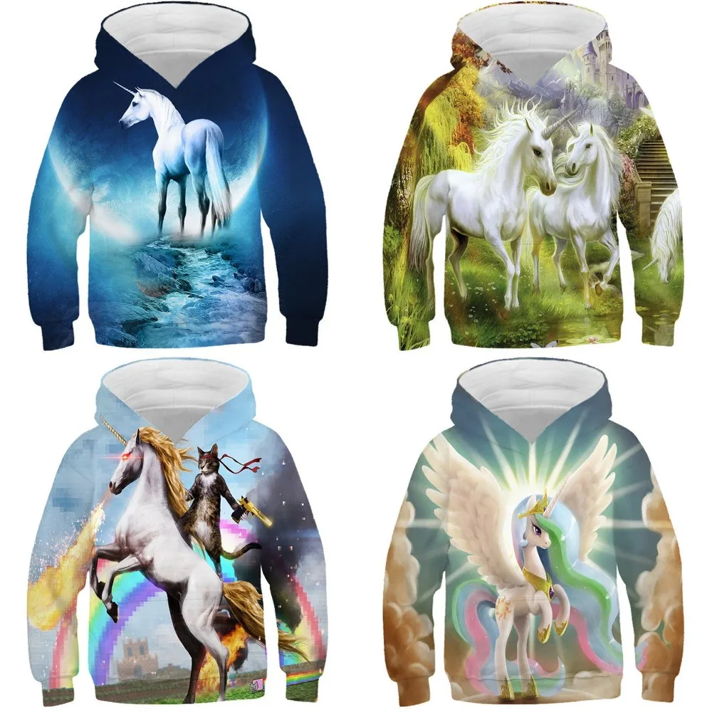 

4-13Y Children Anime Unicorn Horse Hoodies Kids 3D Printing Hooded Sweatshirts For Boys Girl Colorful Teen Pullover Coat Clothes