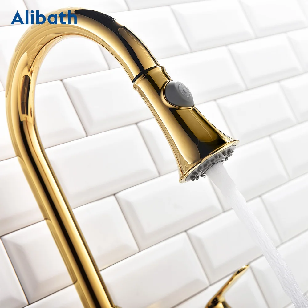 Kitchen Faucet Brass Gold Pull Out Kitchen Sink Water Tap Single Handle Mixer Tap 360 Rotation Kitchen Shower Faucet