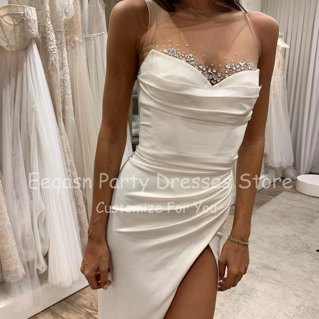 Eeqasn Elfenbein Meerjungfrau Lange Prom Party Kleider Satin Nude Tüll Kristalle Frauen Formale Kleid Seite Slit Bodenlangen Abendkleider